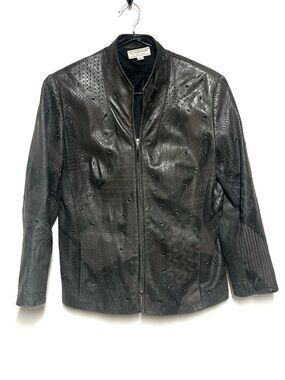 St John Leather Jacket Blk/Brown Leather Embossed Perforated Jacket Sz S Petite